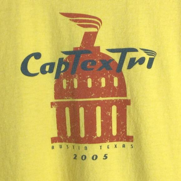 2005 CapTexTri Austin Texas Triathlon T Shirt Yellow Medium - Picture 2 of 5